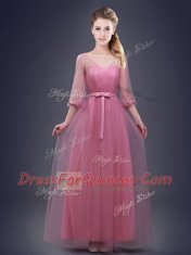Dynamic Ruching and Bowknot Quinceanera Court of Honor Dress Pink Lace Up Half Sleeves Floor Length