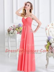 Captivating Sweetheart Sleeveless Damas Dress Floor Length Ruching Watermelon Red Chiffon