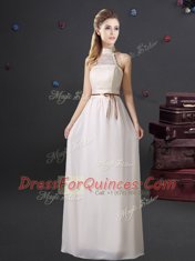Superior Halter Top Floor Length Empire Sleeveless White Quinceanera Dama Dress Lace Up