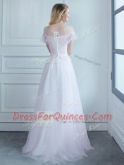Simple White Empire Scoop Short Sleeves Tulle Sweep Train Lace Up Lace and Belt Damas Dress