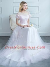 Simple White Empire Scoop Short Sleeves Tulle Sweep Train Lace Up Lace and Belt Damas Dress