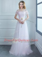 Simple White Empire Scoop Short Sleeves Tulle Sweep Train Lace Up Lace and Belt Damas Dress