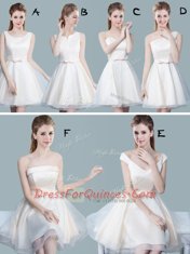 Scoop Sleeveless Mini Length Lace and Bowknot Lace Up Quinceanera Dama Dress with White