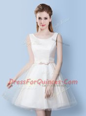 Scoop Sleeveless Mini Length Lace and Bowknot Lace Up Quinceanera Dama Dress with White