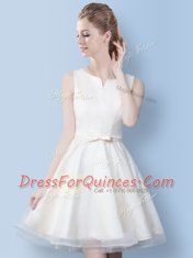 Scoop Sleeveless Mini Length Lace and Bowknot Lace Up Quinceanera Dama Dress with White