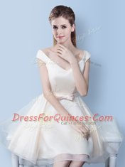 Scoop Sleeveless Mini Length Lace and Bowknot Lace Up Quinceanera Dama Dress with White