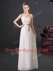 White Empire Lace and Appliques and Belt Dama Dress Lace Up Chiffon Sleeveless Floor Length