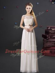 White Empire Lace and Appliques and Belt Dama Dress Lace Up Chiffon Sleeveless Floor Length