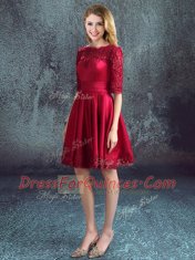 Wine Red Zipper Dama Dress Lace Half Sleeves Mini Length