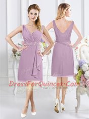 Cute Lavender A-line Ruching Court Dresses for Sweet 16 Zipper Chiffon Sleeveless Knee Length
