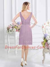 Cute Lavender A-line Ruching Court Dresses for Sweet 16 Zipper Chiffon Sleeveless Knee Length