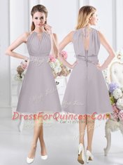 Graceful Grey Chiffon Zipper Halter Top Sleeveless Knee Length Court Dresses for Sweet 16 Lace and Ruching
