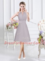 Graceful Grey Chiffon Zipper Halter Top Sleeveless Knee Length Court Dresses for Sweet 16 Lace and Ruching