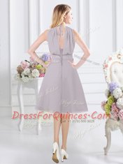 Graceful Grey Chiffon Zipper Halter Top Sleeveless Knee Length Court Dresses for Sweet 16 Lace and Ruching