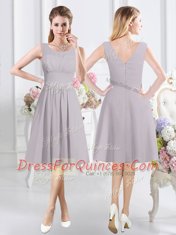Stylish Scoop Grey Sleeveless Knee Length Ruching Zipper Court Dresses for Sweet 16