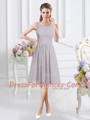 Stylish Scoop Grey Sleeveless Knee Length Ruching Zipper Court Dresses for Sweet 16