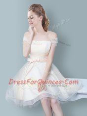 Off the Shoulder Knee Length Zipper Quinceanera Dama Dress Champagne for Prom and Party and Wedding Party with Ruching and Bowknot