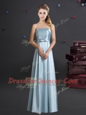 Elastic Woven Satin Strapless Sleeveless Zipper Bowknot Vestidos de Damas in Light Blue