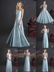 Elastic Woven Satin Strapless Sleeveless Zipper Bowknot Vestidos de Damas in Light Blue