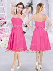 Chic Hot Pink Chiffon Zipper Sweetheart Sleeveless Knee Length Dama Dress Ruching