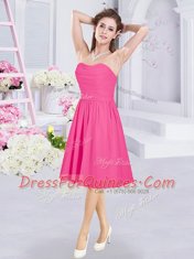 Chic Hot Pink Chiffon Zipper Sweetheart Sleeveless Knee Length Dama Dress Ruching