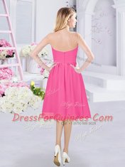 Chic Hot Pink Chiffon Zipper Sweetheart Sleeveless Knee Length Dama Dress Ruching