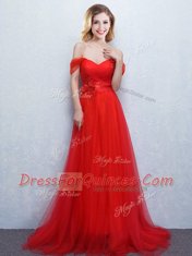 Off the Shoulder Red Empire Appliques and Ruching Dama Dress for Quinceanera Lace Up Tulle Sleeveless With Train