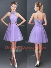 Halter Top Sleeveless Damas Dress Mini Length Lace and Appliques Lavender Tulle