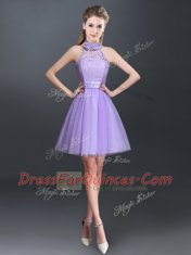 Halter Top Sleeveless Damas Dress Mini Length Lace and Appliques Lavender Tulle