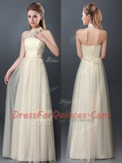 Halter Top Champagne Tulle Lace Up Dama Dress for Quinceanera Sleeveless Floor Length Lace and Appliques