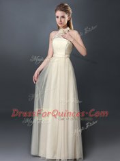 Halter Top Champagne Tulle Lace Up Dama Dress for Quinceanera Sleeveless Floor Length Lace and Appliques
