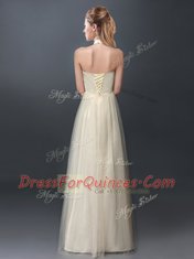 Halter Top Champagne Tulle Lace Up Dama Dress for Quinceanera Sleeveless Floor Length Lace and Appliques