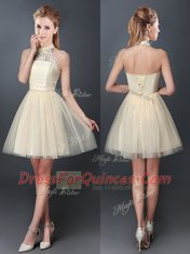 Mini Length Champagne Dama Dress for Quinceanera Halter Top Sleeveless Lace Up