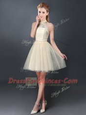 Mini Length Champagne Dama Dress for Quinceanera Halter Top Sleeveless Lace Up