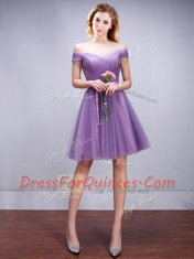 Lavender A-line Tulle Off The Shoulder Sleeveless Ruching and Belt Knee Length Lace Up Dama Dress