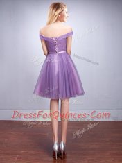 Lavender A-line Tulle Off The Shoulder Sleeveless Ruching and Belt Knee Length Lace Up Dama Dress