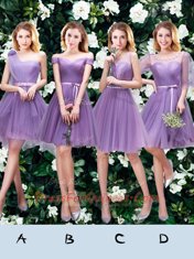 Lavender A-line Tulle Off The Shoulder Sleeveless Ruching and Belt Knee Length Lace Up Dama Dress