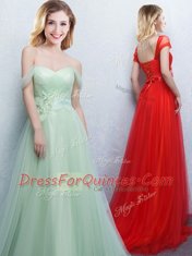 Sumptuous Off the Shoulder With Train Lace Up Damas Dress Apple Green for Prom and Party and Wedding Party with Appliques and Ruching Brush Train