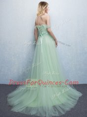 Sumptuous Off the Shoulder With Train Lace Up Damas Dress Apple Green for Prom and Party and Wedding Party with Appliques and Ruching Brush Train