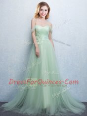 Sumptuous Off the Shoulder With Train Lace Up Damas Dress Apple Green for Prom and Party and Wedding Party with Appliques and Ruching Brush Train
