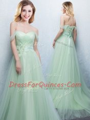 Sumptuous Off the Shoulder With Train Lace Up Damas Dress Apple Green for Prom and Party and Wedding Party with Appliques and Ruching Brush Train