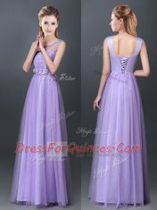 Graceful Lavender Lace Up Scoop Lace and Hand Made Flower Quinceanera Dama Dress Tulle Sleeveless