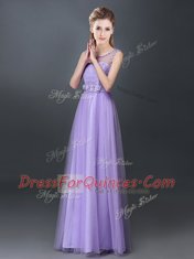 Graceful Lavender Lace Up Scoop Lace and Hand Made Flower Quinceanera Dama Dress Tulle Sleeveless