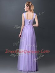 Graceful Lavender Lace Up Scoop Lace and Hand Made Flower Quinceanera Dama Dress Tulle Sleeveless