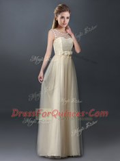 Ideal Scoop Sleeveless Quinceanera Court Dresses Floor Length Lace and Hand Made Flower Champagne Tulle