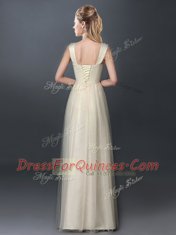 Ideal Scoop Sleeveless Quinceanera Court Dresses Floor Length Lace and Hand Made Flower Champagne Tulle