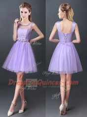 Superior A-line Quinceanera Dama Dress Lavender Scoop Tulle Sleeveless Mini Length Lace Up