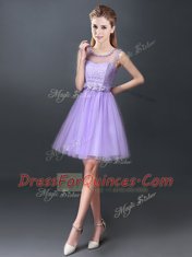 Superior A-line Quinceanera Dama Dress Lavender Scoop Tulle Sleeveless Mini Length Lace Up
