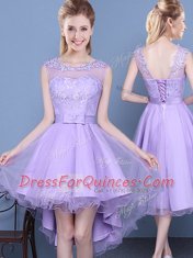 Scoop Lavender Lace Up Quinceanera Dama Dress Lace Sleeveless Mini Length