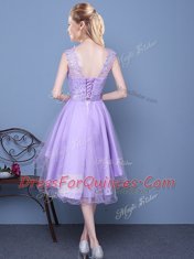 Scoop Lavender Lace Up Quinceanera Dama Dress Lace Sleeveless Mini Length
